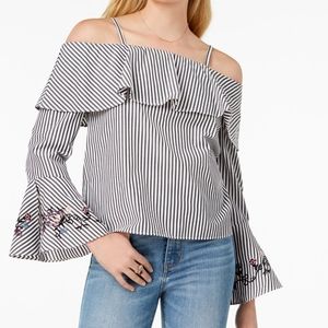 BCX Ruffled Poplin Striped Bell Sleeve Off‎ Shoulde